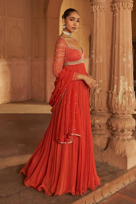 Nidhika Shekhar_Orange Organza, Georgette, Linen Sequins, Embroidery Anarkali Set With Dupatta _Online_at_Aza_Fashions