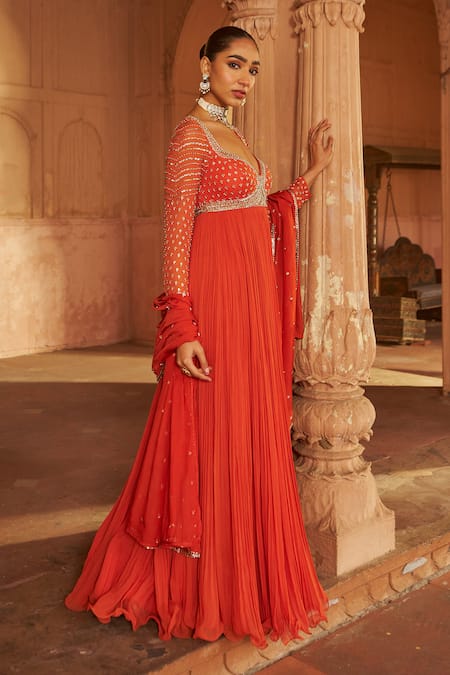 Buy_Nidhika Shekhar_Orange Organza, Georgette, Linen Sequins, Embroidery Anarkali Set With Dupatta _Online_at_Aza_Fashions