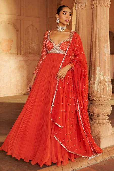 Shop_Nidhika Shekhar_Orange Organza, Georgette, Linen Sequins, Embroidery Anarkali Set With Dupatta _Online_at_Aza_Fashions