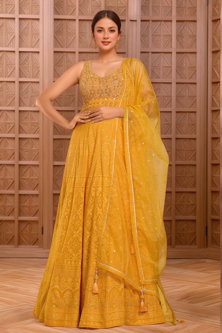 Samyukta Singhania Yellow Georgette Embroidery Sequin Leaf Neck Mughal Darbar Gown With Dupatta 