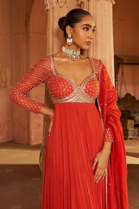 Nidhika Shekhar_Orange Organza, Georgette, Linen Sequins, Embroidery Anarkali Set With Dupatta _at_Aza_Fashions