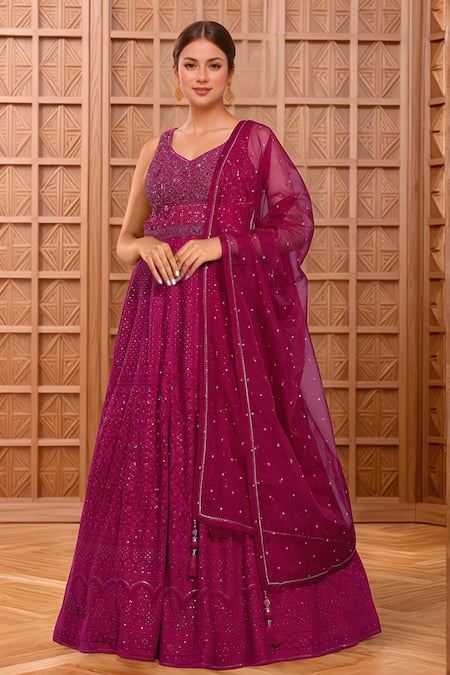 Samyukta Singhania Pink Georgette Embroidery Sequin Leaf Neck Persian Bloom Gown With Dupatta 