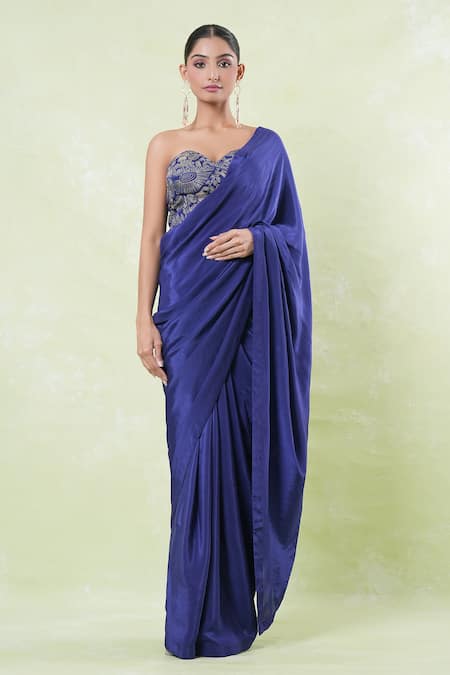 Shop_Amrood_Blue Satin Embroidery Sweetheart Neck Corset With Solid Saree _Online_at_Aza_Fashions