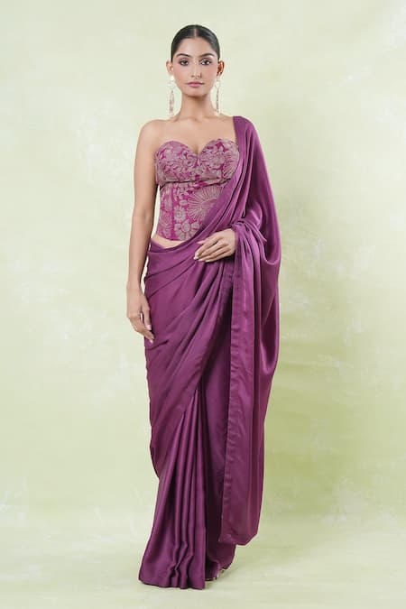 Amrood_Purple Satin Embroidery Sweetheart Neck Corset And Saree Set _Online_at_Aza_Fashions