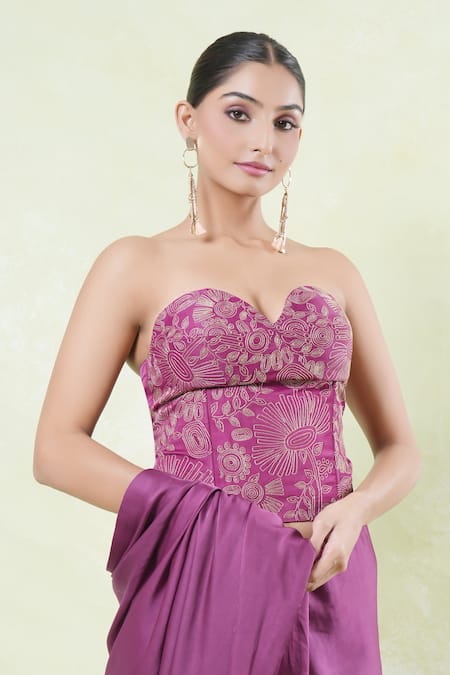 Shop_Amrood_Purple Satin Embroidery Sweetheart Neck Corset And Saree Set _Online_at_Aza_Fashions