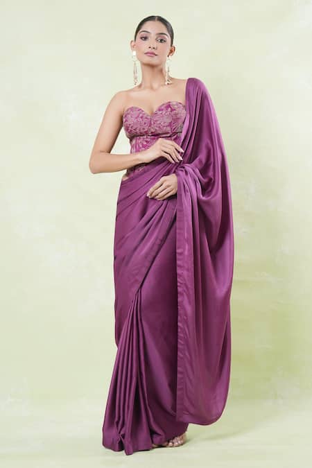 Amrood_Purple Satin Embroidery Sweetheart Neck Corset And Saree Set _at_Aza_Fashions