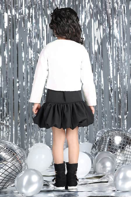 The Little Celebs_White Crepe Sequins Bow Top And Black Skirt Set _Online_at_Aza_Fashions