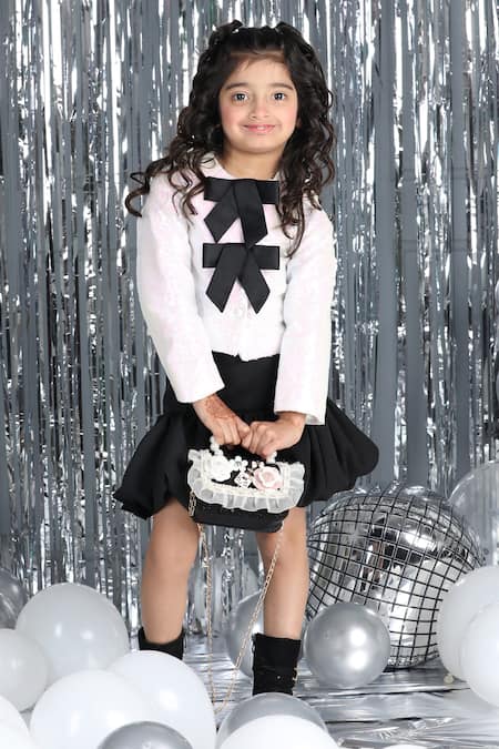 Shop_The Little Celebs_White Crepe Sequins Bow Top And Black Skirt Set _Online_at_Aza_Fashions