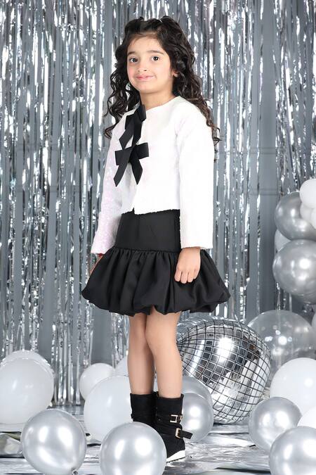 The Little Celebs_White Crepe Sequins Bow Top And Black Skirt Set _at_Aza_Fashions