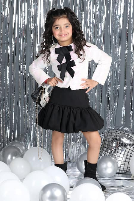 The little celebs Sequin Bow Top & Black Skirt Set 
