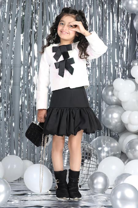 Buy_The Little Celebs_White Crepe Sequins Bow Top And Black Skirt Set 