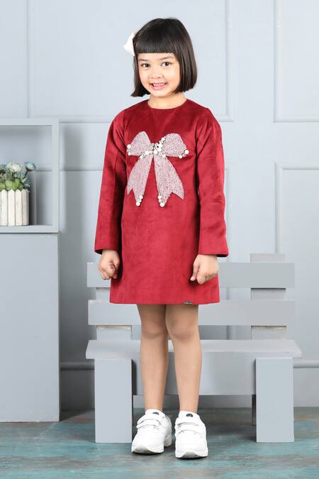 The Little Celebs_Maroon Velvet, Crepe Crystals, Pearls Bow Embellished Dress _Online_at_Aza_Fashions