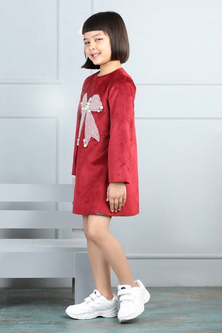 Buy_The Little Celebs_Maroon Velvet, Crepe Crystals, Pearls Bow Embellished Dress _Online_at_Aza_Fashions