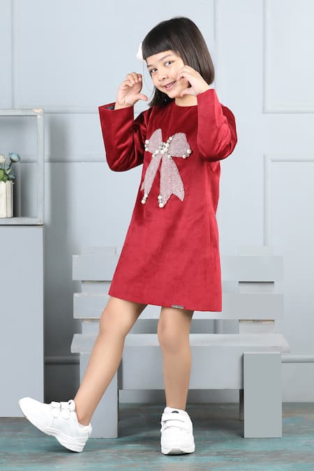 Shop_The Little Celebs_Maroon Velvet, Crepe Crystals, Pearls Bow Embellished Dress _Online_at_Aza_Fashions