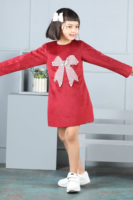 The Little Celebs Crystal Bow Embellished Velvet Dress 