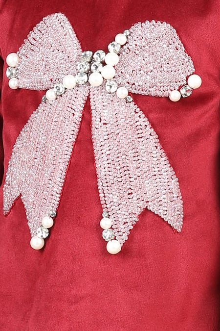The Little Celebs_Maroon Velvet, Crepe Crystals, Pearls Bow Embellished Dress _at_Aza_Fashions
