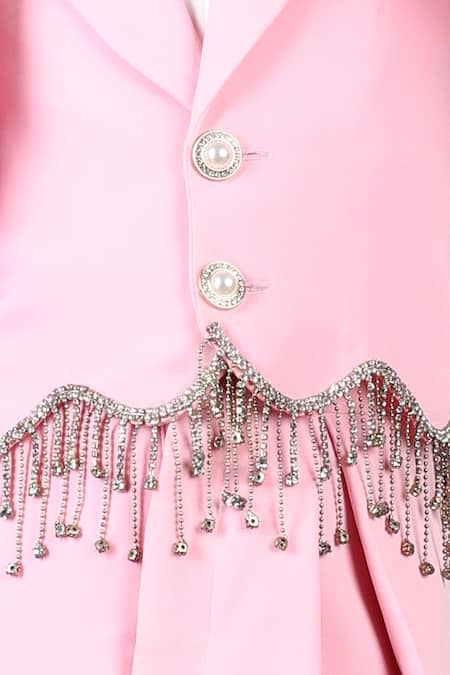 The Little Celebs_Pink Crepe Tassels Embellished Blazer And Skirt Set _at_Aza_Fashions