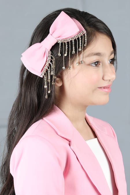 Buy_The Little Celebs_Pink Crepe Tassels Embellished Blazer And Skirt Set 