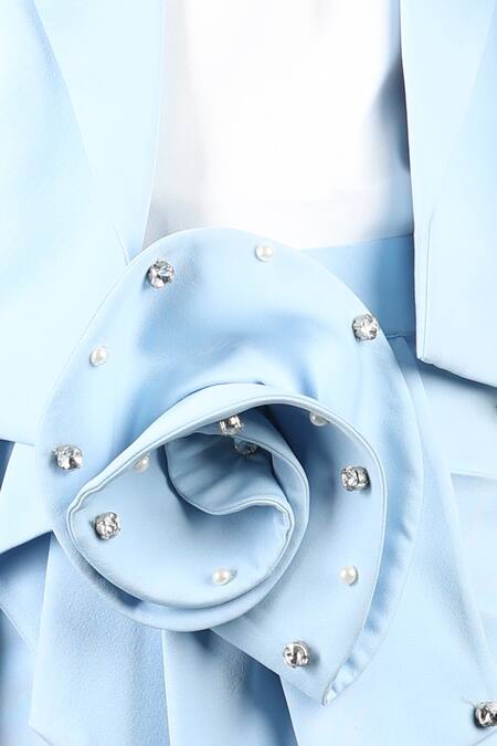 Shop_The Little Celebs_Blue Crepe Pearls, Rhinestones, Sequins Embellished Rosa Blazer And Skirt Set _Online_at_Aza_Fashions