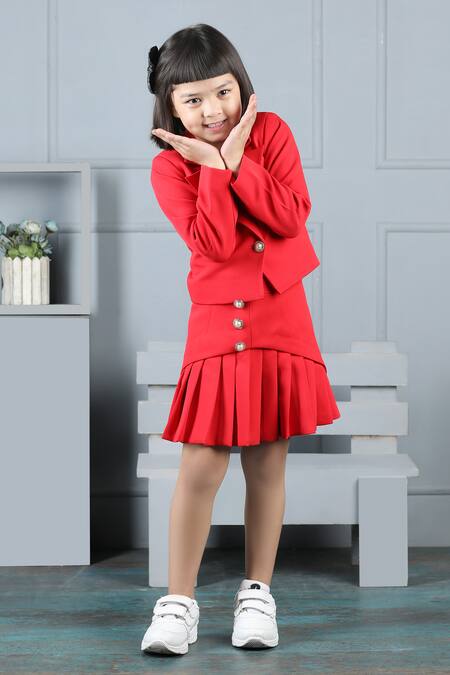 Buy_The Little Celebs_Red Crepe Pearls Button Blazer And Skirt Set _Online_at_Aza_Fashions
