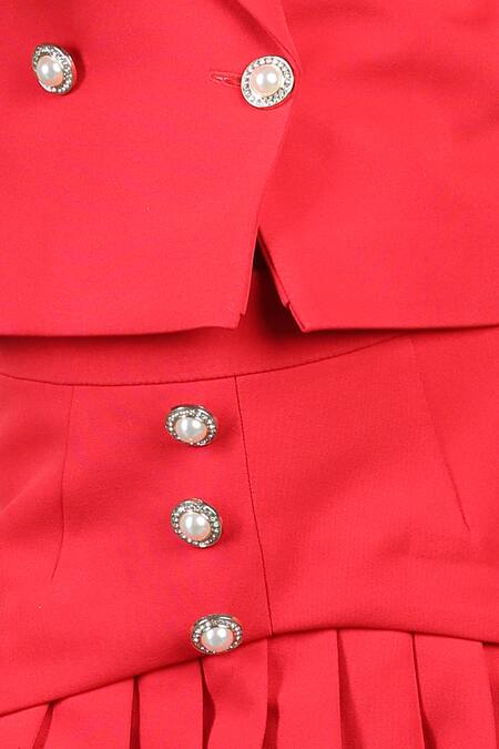 The Little Celebs_Red Crepe Pearls Button Blazer And Skirt Set _at_Aza_Fashions