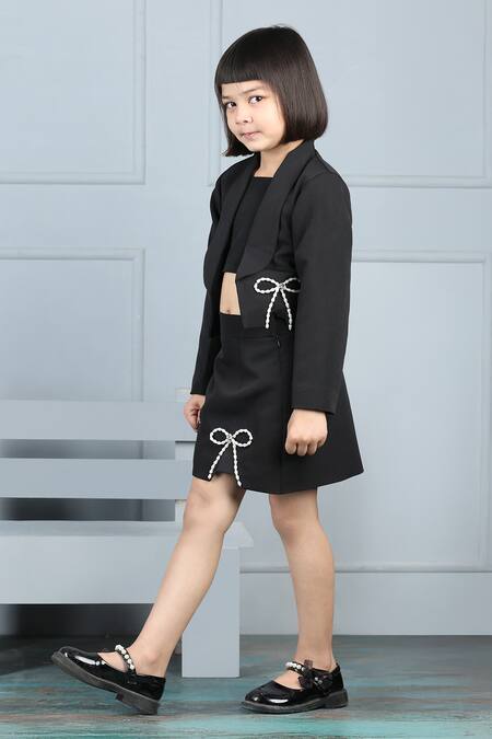 Buy_The Little Celebs_Black Crepe Pearls Bow Embellished Blazer And Skirt Set _Online_at_Aza_Fashions