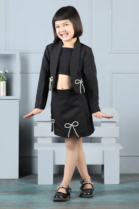 Shop_The Little Celebs_Black Crepe Pearls Bow Embellished Blazer And Skirt Set _Online_at_Aza_Fashions
