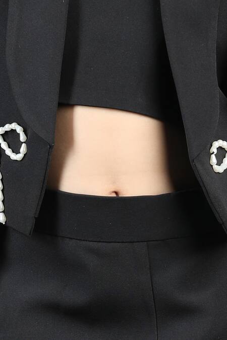 The Little Celebs_Black Crepe Pearls Bow Embellished Blazer And Skirt Set _at_Aza_Fashions
