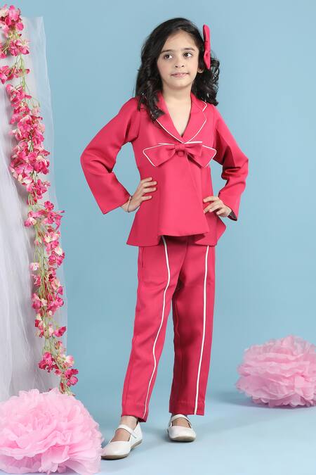 Shop_The Little Celebs_Pink Crepe Bows, Piping Embellished Peplum Top And Pant Set _Online_at_Aza_Fashions