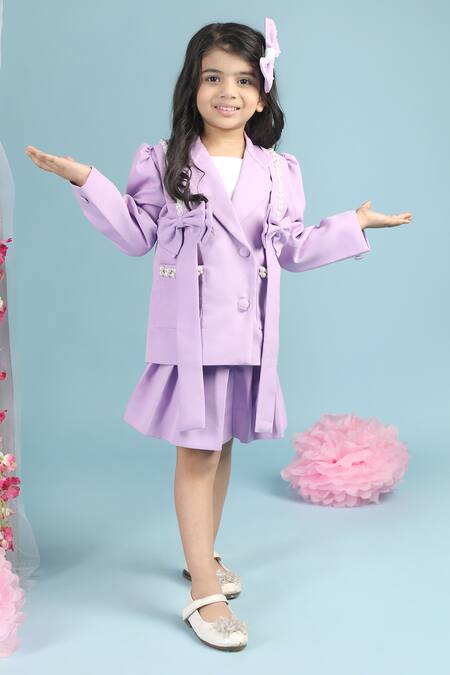 The Little Celebs_Purple Crepe Pearls Lilac Bow Embellished Blazer And Skirt Set _Online_at_Aza_Fashions