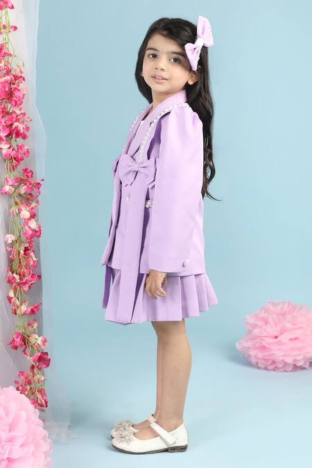 Buy_The Little Celebs_Purple Crepe Pearls Lilac Bow Embellished Blazer And Skirt Set _Online_at_Aza_Fashions
