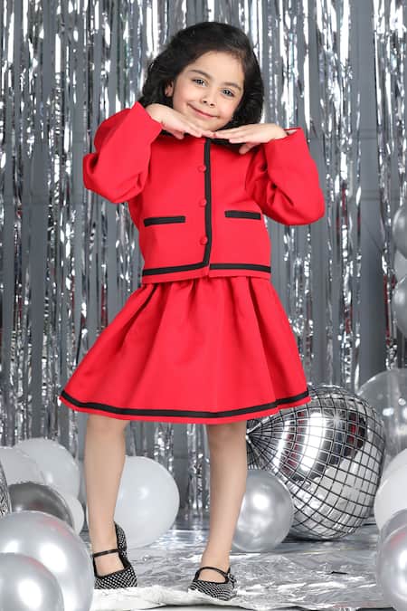 The Little Celebs_Red Crepe Contrast Border Coat And Skirt Set _Online_at_Aza_Fashions