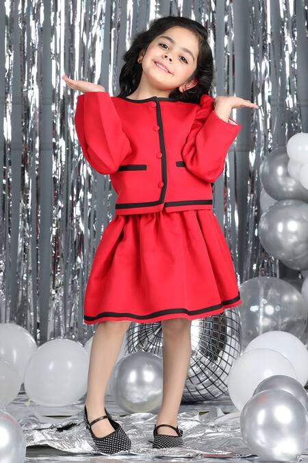 Buy_The Little Celebs_Red Crepe Contrast Border Coat And Skirt Set _Online_at_Aza_Fashions
