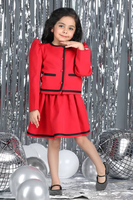 Shop_The Little Celebs_Red Crepe Contrast Border Coat And Skirt Set _Online_at_Aza_Fashions