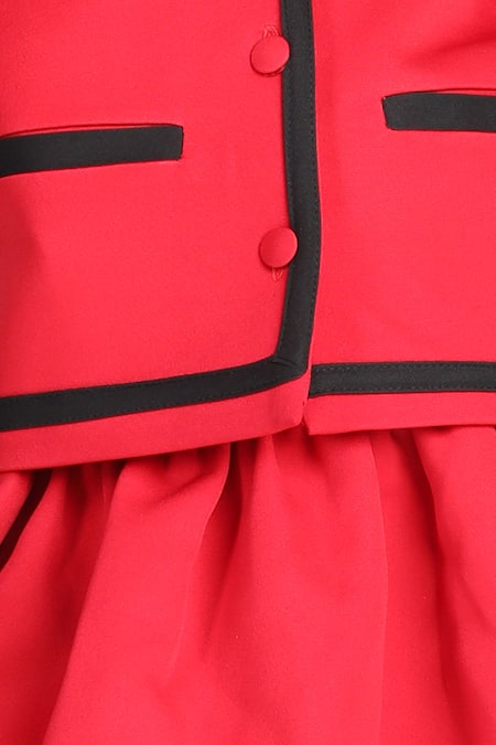The Little Celebs_Red Crepe Contrast Border Coat And Skirt Set _at_Aza_Fashions