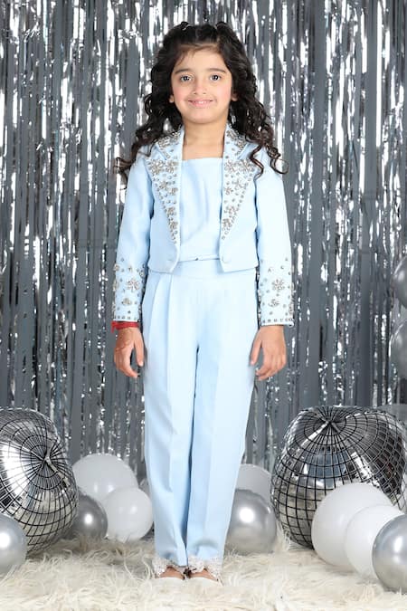 Shop_The Little Celebs_Blue Crepe Stones Ice Embellished Pant Set _Online_at_Aza_Fashions