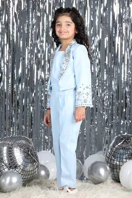 The Little Celebs_Blue Crepe Stones Ice Embellished Pant Set _at_Aza_Fashions