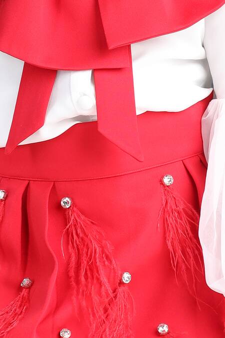 The Little Celebs_White Organza, Crepe Feathers Bow Embellished Top And Skirt Set _Online_at_Aza_Fashions