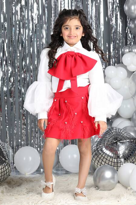 Shop_The Little Celebs_White Organza, Crepe Feathers Bow Embellished Top And Skirt Set _Online_at_Aza_Fashions