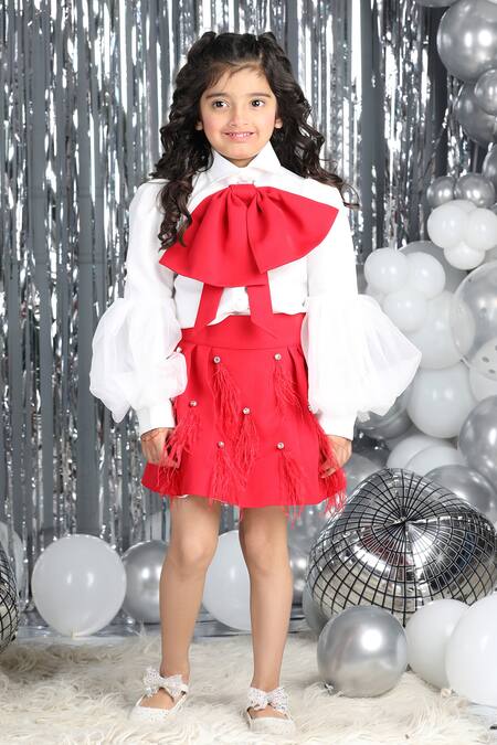 The Little Celebs_White Organza, Crepe Feathers Bow Embellished Top And Skirt Set _at_Aza_Fashions