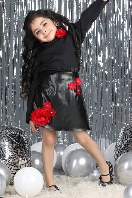 Buy_The Little Celebs_Black Leather, Crepe Applique Solid Top And Bloom Skirt Set _Online_at_Aza_Fashions