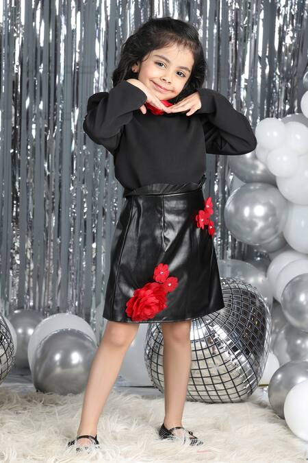 Shop_The Little Celebs_Black Leather, Crepe Applique Solid Top And Bloom Skirt Set _Online_at_Aza_Fashions