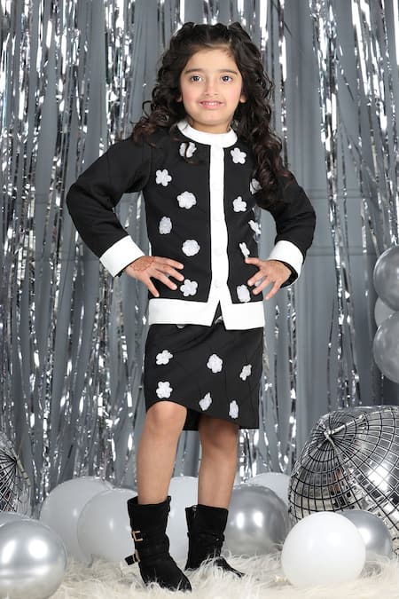 Shop_The Little Celebs_Black Crepe Applique Floral Top And Skirt Set _Online_at_Aza_Fashions