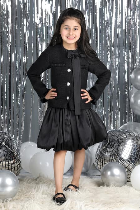 Buy_The Little Celebs_Black Tweed, Crepe, Satin Coat And Balloon Skirt Set _Online_at_Aza_Fashions