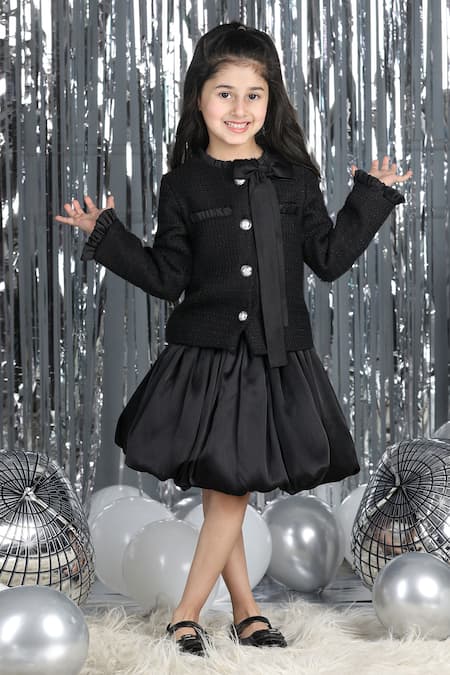 Shop_The Little Celebs_Black Tweed, Crepe, Satin Coat And Balloon Skirt Set _Online_at_Aza_Fashions