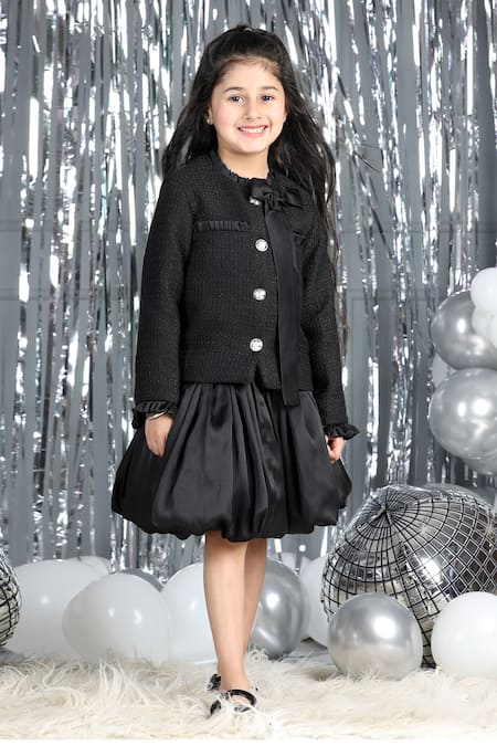 The Little Celebs_Black Tweed, Crepe, Satin Coat And Balloon Skirt Set _at_Aza_Fashions