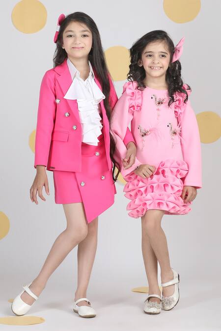 The Little Celebs_Pink Crepe Blazer And Asymmetric Skirt Set _at_Aza_Fashions