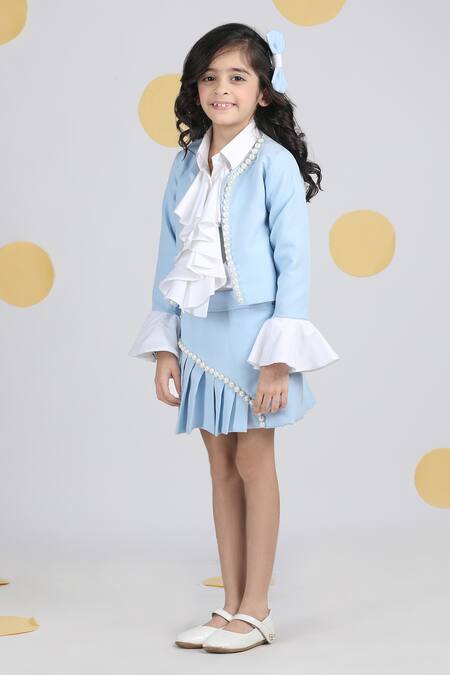 The Little Celebs_Blue Crepe Pearls Embellished Jacket And Pleated Skirt _Online_at_Aza_Fashions