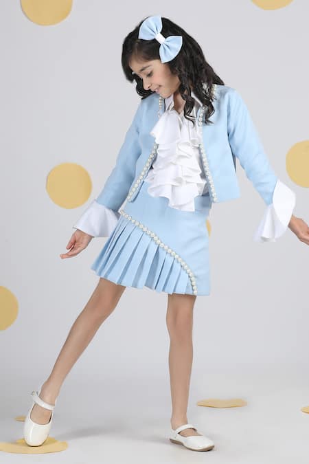 Shop_The Little Celebs_Blue Crepe Pearls Embellished Jacket And Pleated Skirt _Online_at_Aza_Fashions