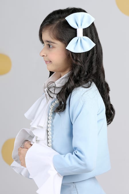 The Little Celebs_Blue Crepe Pearls Embellished Jacket And Pleated Skirt _at_Aza_Fashions